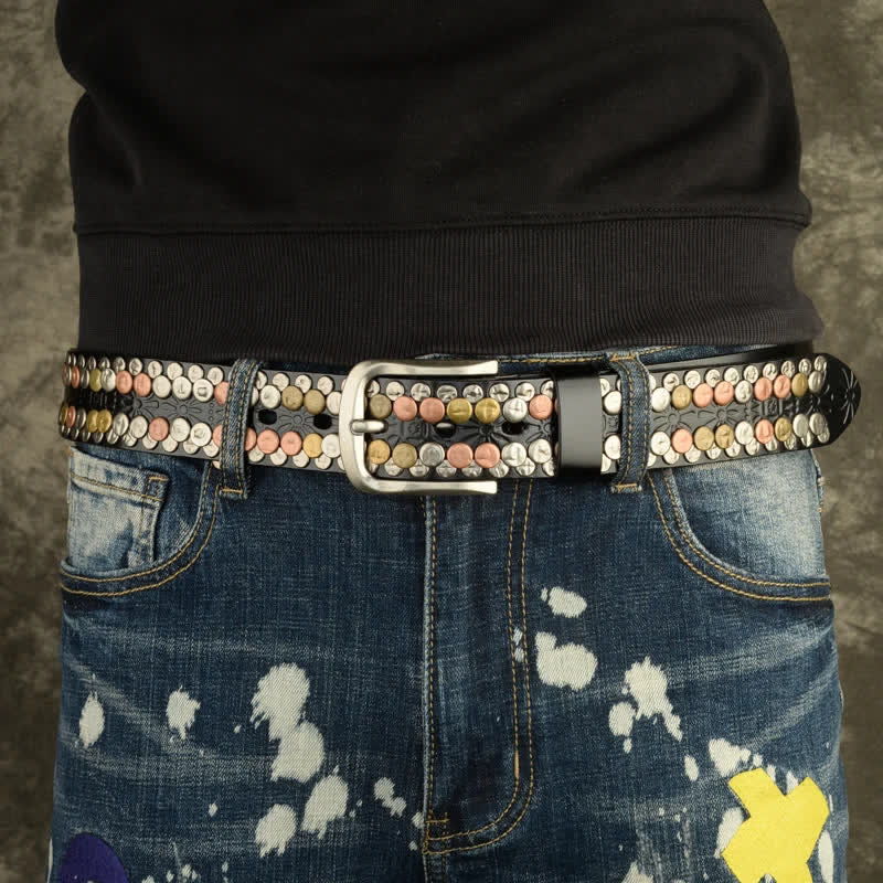 Cinturón de cuero con tachuelas y botones multicolores para hombre