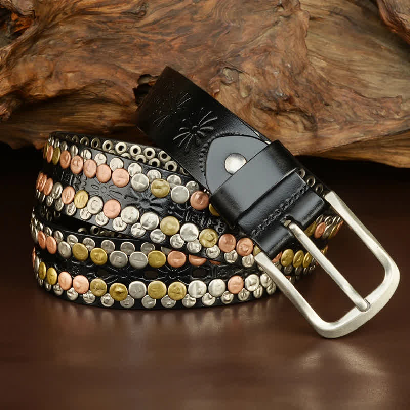 Cinturón de cuero con tachuelas y botones multicolores para hombre