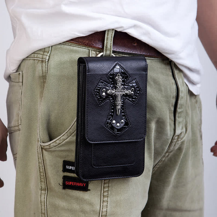 Bolso con cinturón de cuero con calavera cruzada negra estilo punk