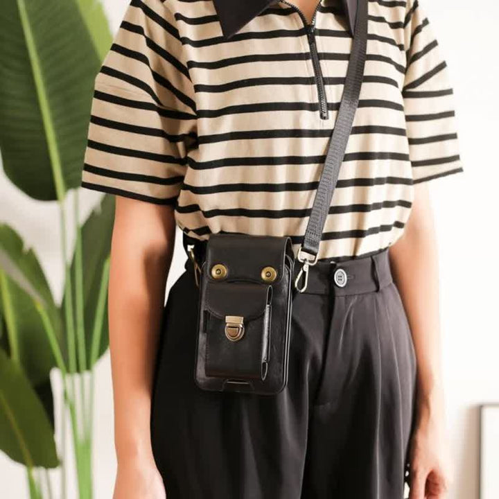 Bolso bandolera de cuero con funda para teléfono