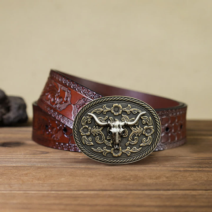 Cinturón de cuero con hebilla tallada con forma de flor y cabeza de toro para hombre hecho a mano