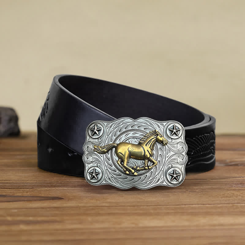 Cinturón de cuero con hebilla de caballo salvaje del oeste para hombre, hecho a mano
