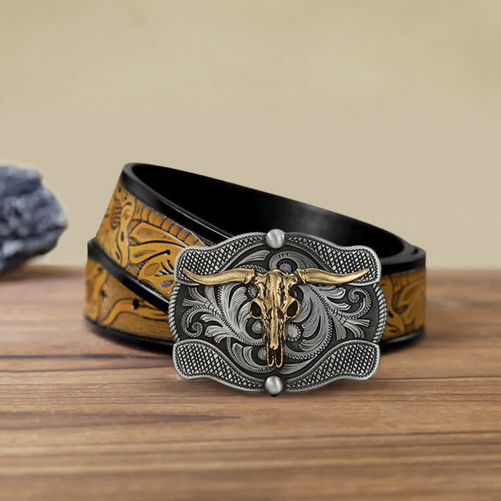 Cinturón de cuero con hebilla de toro Longhorn de Texas para hombre, hecho a mano