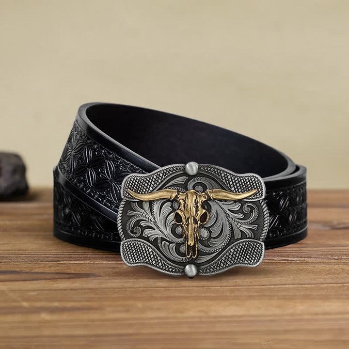 Cinturón de cuero con hebilla de toro Longhorn de Texas para hombre, hecho a mano