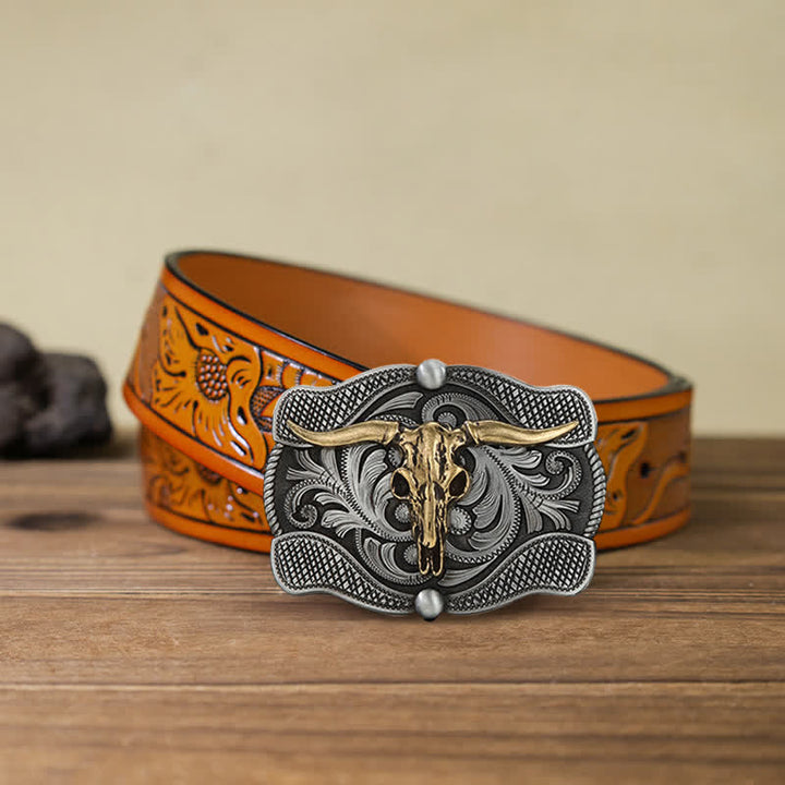 Cinturón de cuero con hebilla de toro Longhorn de Texas para hombre, hecho a mano