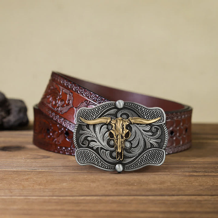Cinturón de cuero con hebilla de toro Longhorn de Texas para hombre, hecho a mano