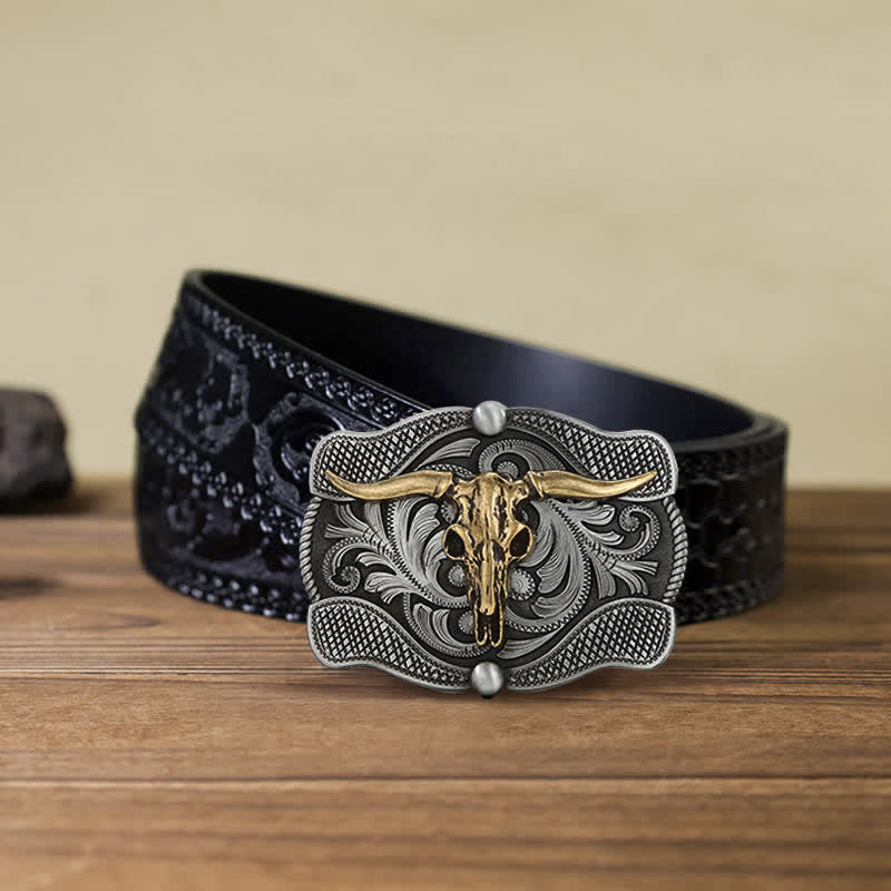 Cinturón de cuero con hebilla de toro Longhorn de Texas para hombre, hecho a mano