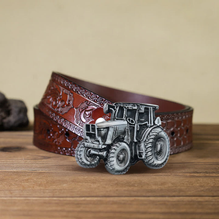 Cinturón de cuero con hebilla de tractor campestre para hombre, hecho a mano