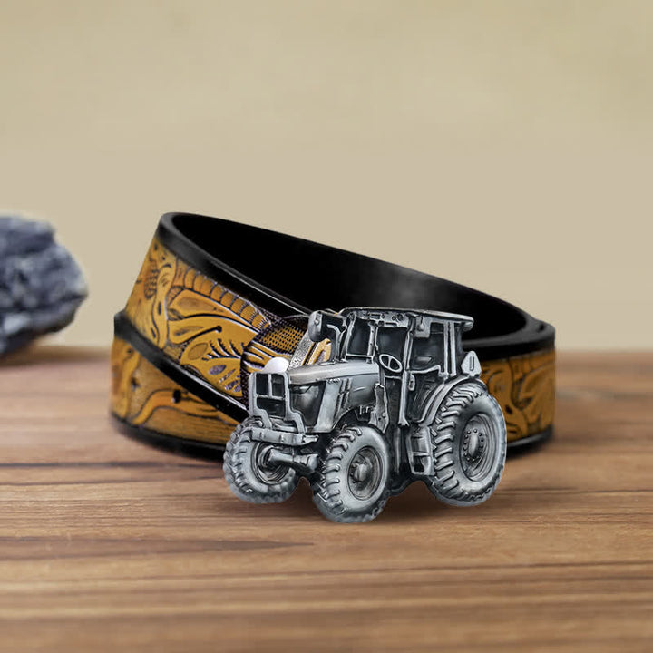 Cinturón de cuero con hebilla de tractor campestre para hombre, hecho a mano