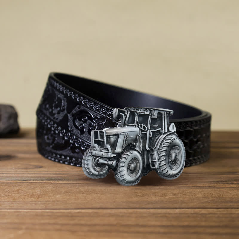 Cinturón de cuero con hebilla de tractor campestre para hombre, hecho a mano