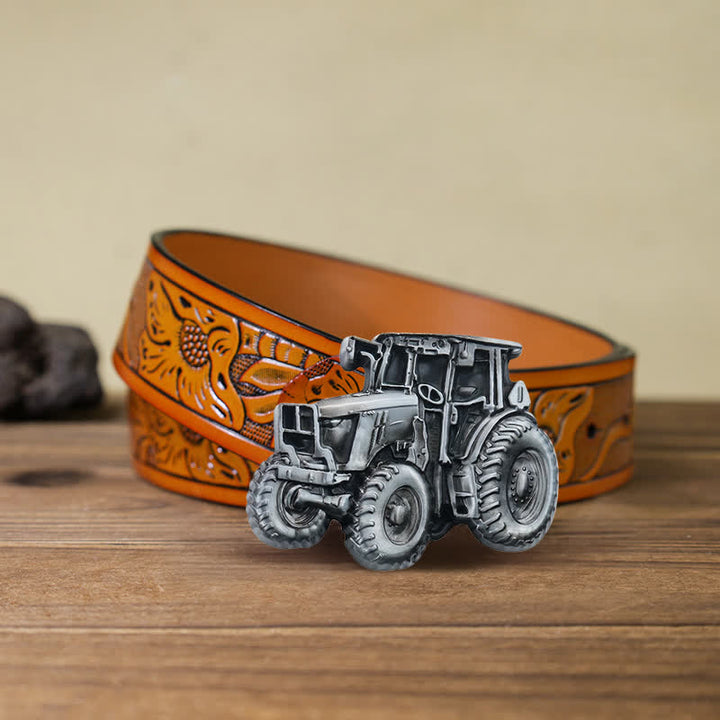 Cinturón de cuero con hebilla de tractor campestre para hombre, hecho a mano