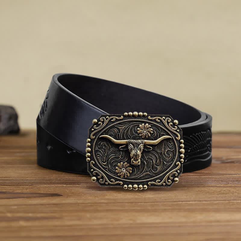 Cinturón de cuero con hebilla de diamantes de imitación y diseño floral de toro para hombre
