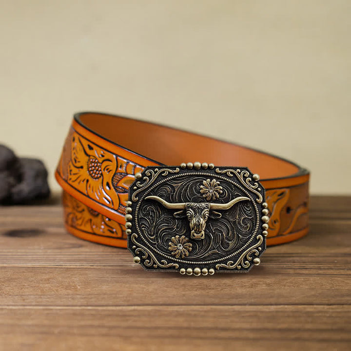 Cinturón de cuero con hebilla de diamantes de imitación y diseño floral de toro para hombre
