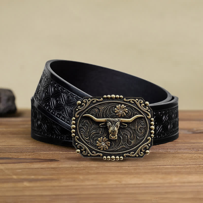 Cinturón de cuero con hebilla de diamantes de imitación y diseño floral de toro para hombre