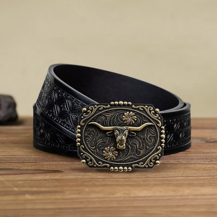 Cinturón de cuero con hebilla de diamantes de imitación y diseño floral de toro para hombre