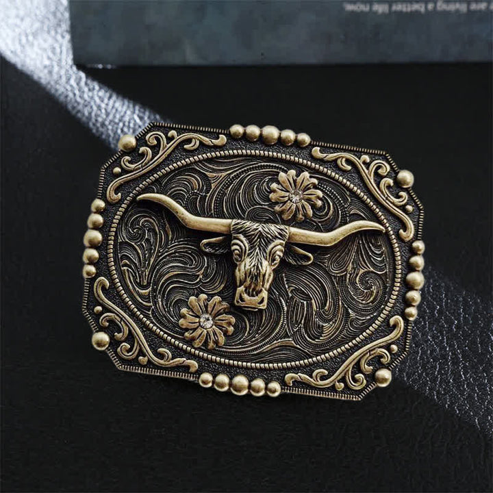 Cinturón de cuero con hebilla de diamantes de imitación y diseño floral de toro para hombre