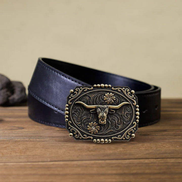 Cinturón de cuero con hebilla de diamantes de imitación y diseño floral de toro para hombre