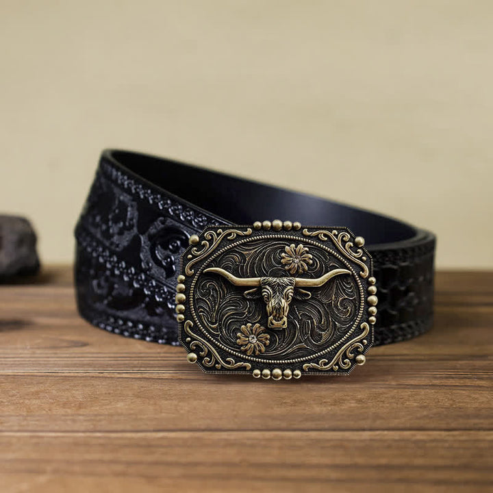Cinturón de cuero con hebilla de diamantes de imitación y diseño floral de toro para hombre