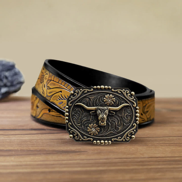 Cinturón de cuero con hebilla de diamantes de imitación y diseño floral de toro para hombre