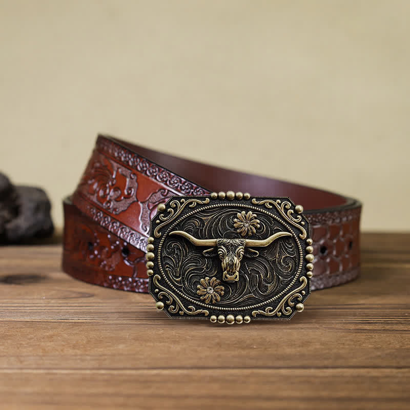 Cinturón de cuero con hebilla de diamantes de imitación y diseño floral de toro para hombre