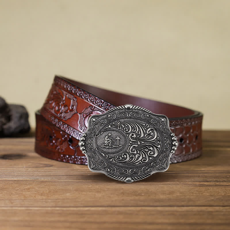 Cinturón de cuero con hebilla con patrón de cruz religiosa para hombre hecho a mano
