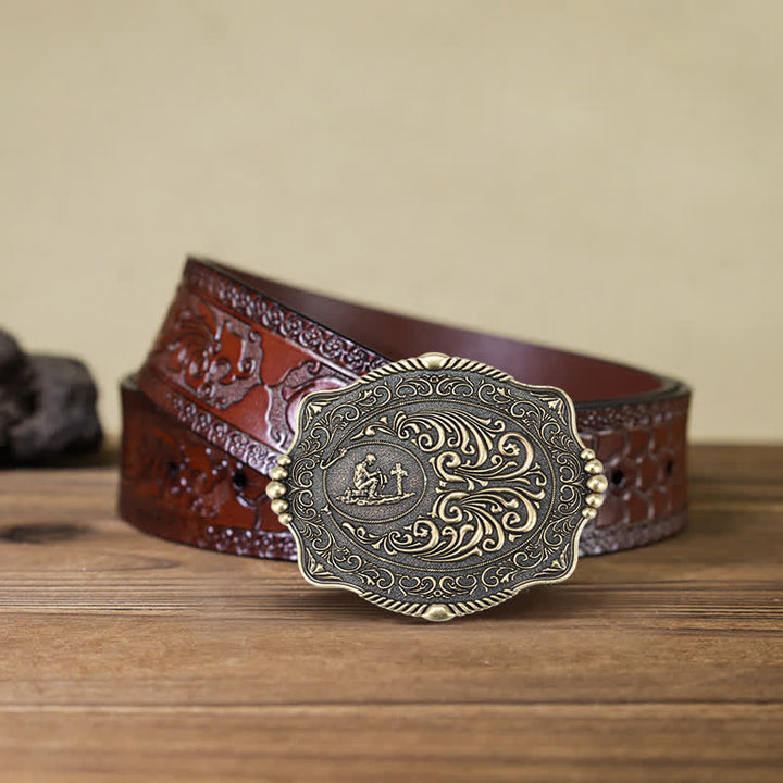 Cinturón de cuero con hebilla con patrón de cruz religiosa para hombre hecho a mano