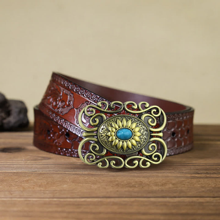 Cinturón de cuero con hebilla hueca color turquesa y latón antiguo para hombre hecho a mano