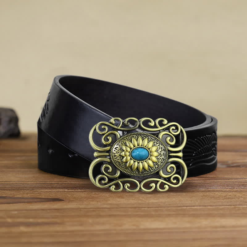 Cinturón de cuero con hebilla hueca color turquesa y latón antiguo para hombre hecho a mano