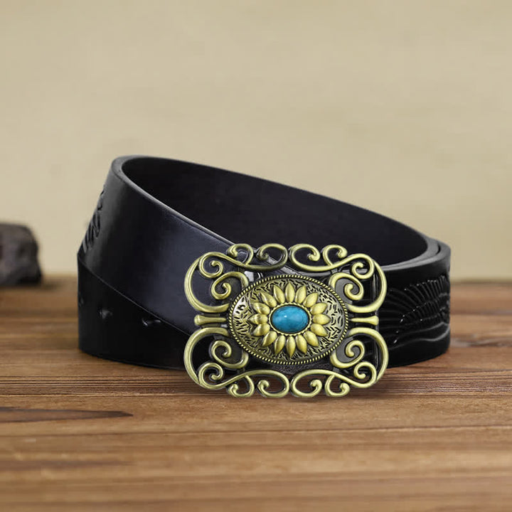 Cinturón de cuero con hebilla hueca color turquesa y latón antiguo para hombre hecho a mano