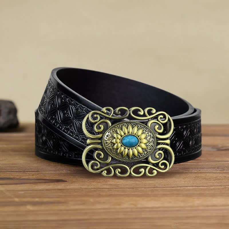 Cinturón de cuero con hebilla hueca color turquesa y latón antiguo para hombre hecho a mano