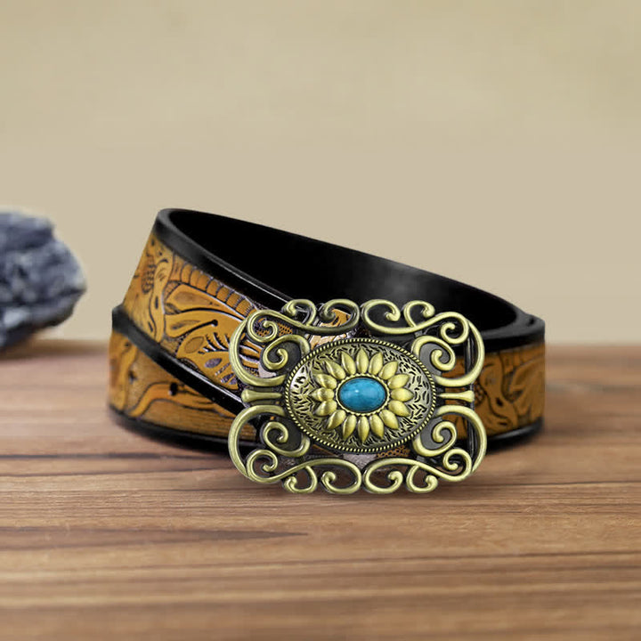 Cinturón de cuero con hebilla hueca color turquesa y latón antiguo para hombre hecho a mano