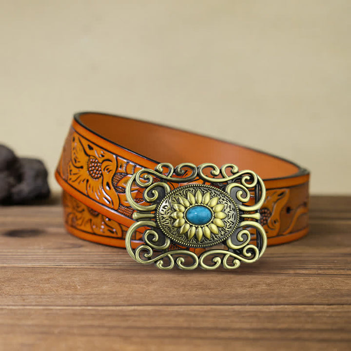 Cinturón de cuero con hebilla hueca color turquesa y latón antiguo para hombre hecho a mano