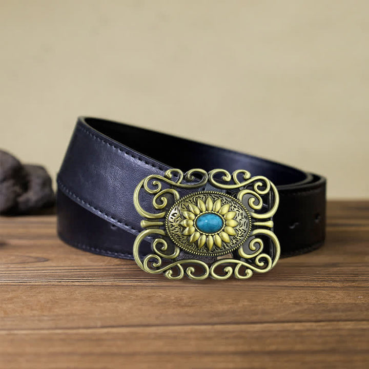 Cinturón de cuero con hebilla hueca color turquesa y latón antiguo para hombre hecho a mano