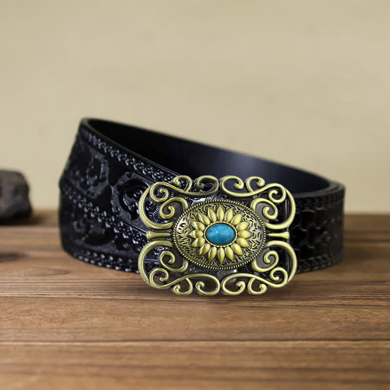 Cinturón de cuero con hebilla hueca color turquesa y latón antiguo para hombre hecho a mano