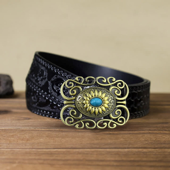 Cinturón de cuero con hebilla hueca color turquesa y latón antiguo para hombre hecho a mano