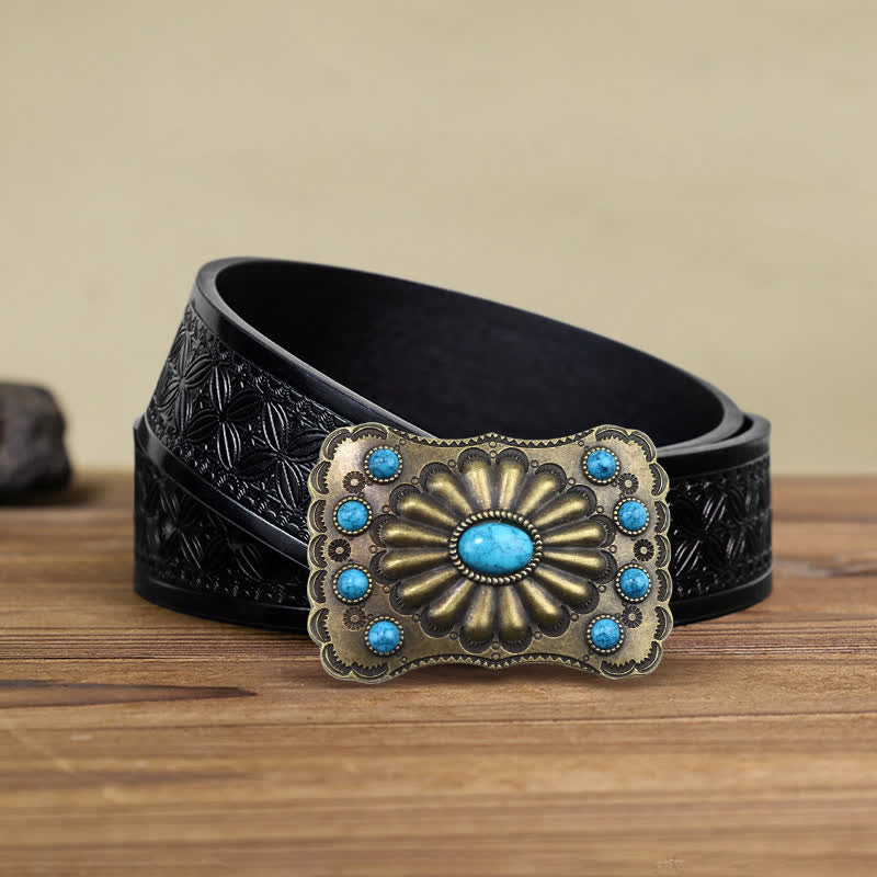 Cinturón de cuero con hebilla rectangular con piedra turquesa estilo occidental para hombre