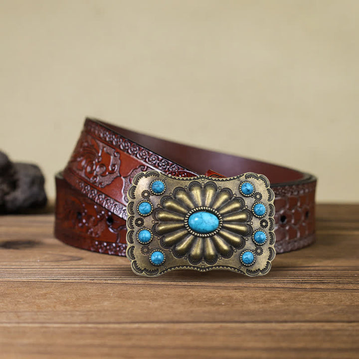 Cinturón de cuero con hebilla rectangular con piedra turquesa estilo occidental para hombre