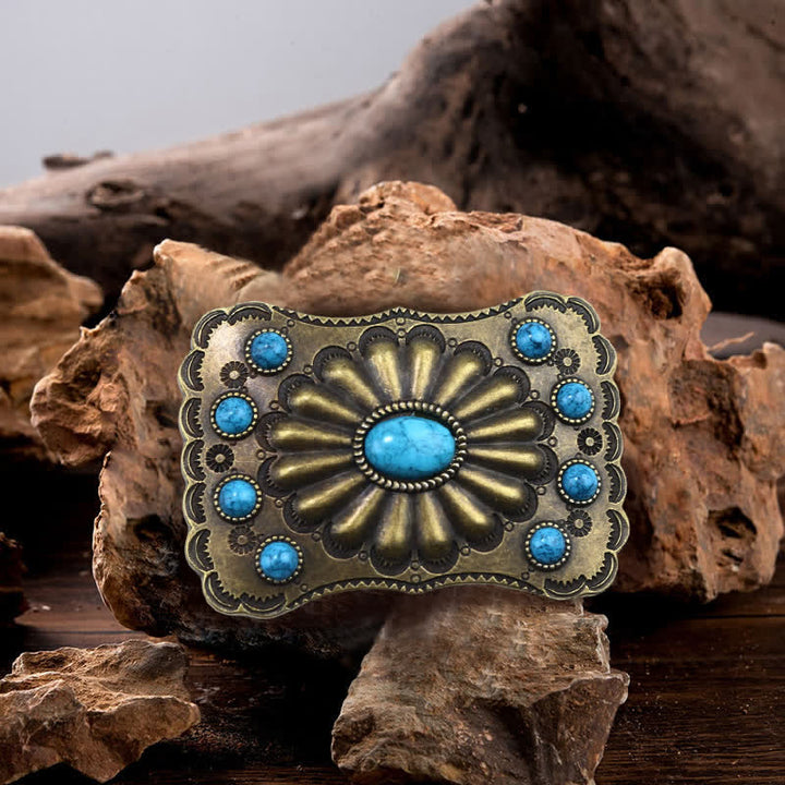 Cinturón de cuero con hebilla rectangular con piedra turquesa estilo occidental para hombre