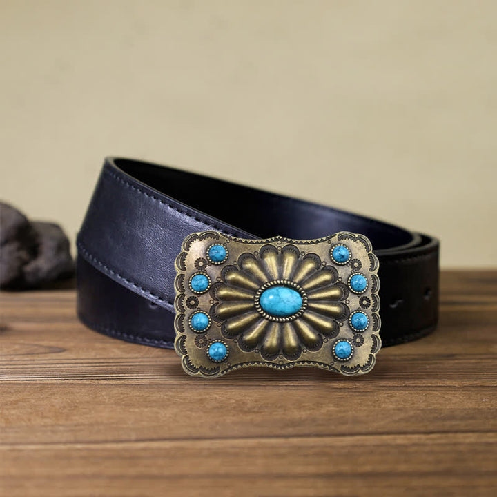 Cinturón de cuero con hebilla rectangular con piedra turquesa estilo occidental para hombre