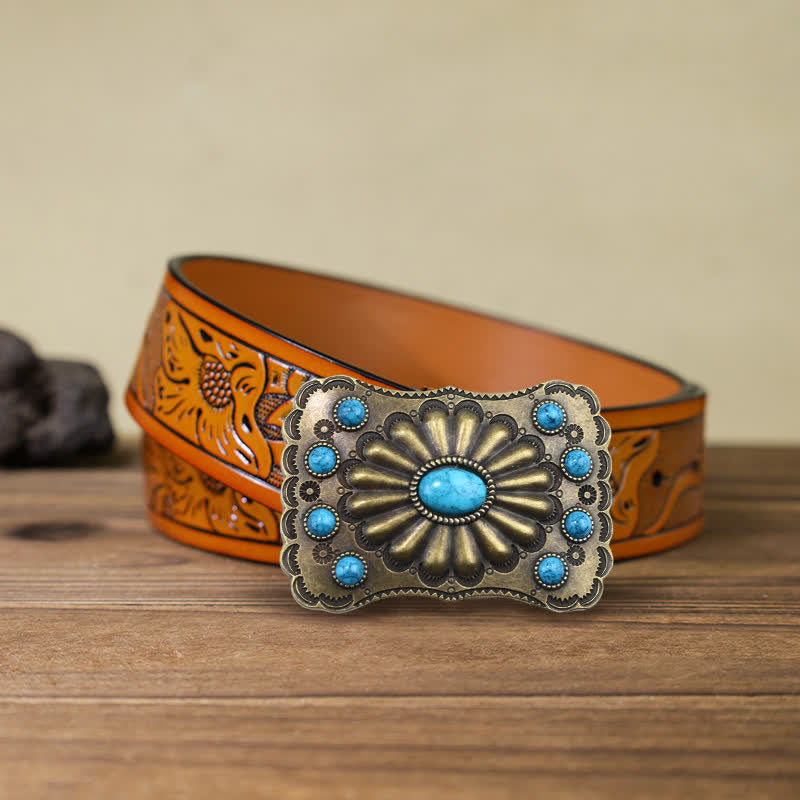 Cinturón de cuero con hebilla rectangular con piedra turquesa estilo occidental para hombre