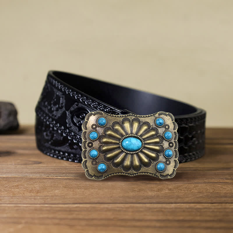 Cinturón de cuero con hebilla rectangular con piedra turquesa estilo occidental para hombre