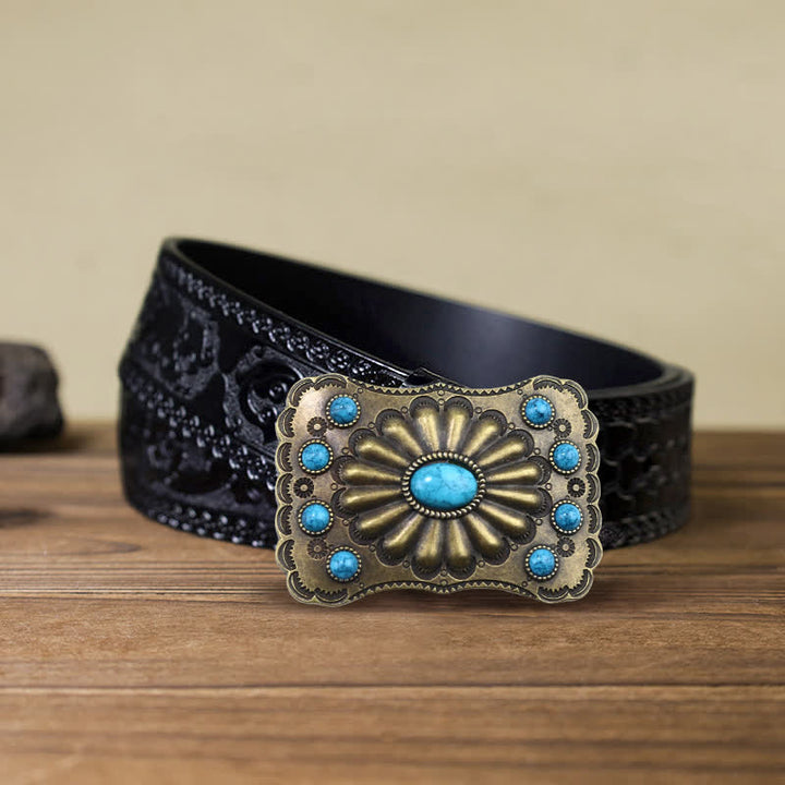 Cinturón de cuero con hebilla rectangular con piedra turquesa estilo occidental para hombre