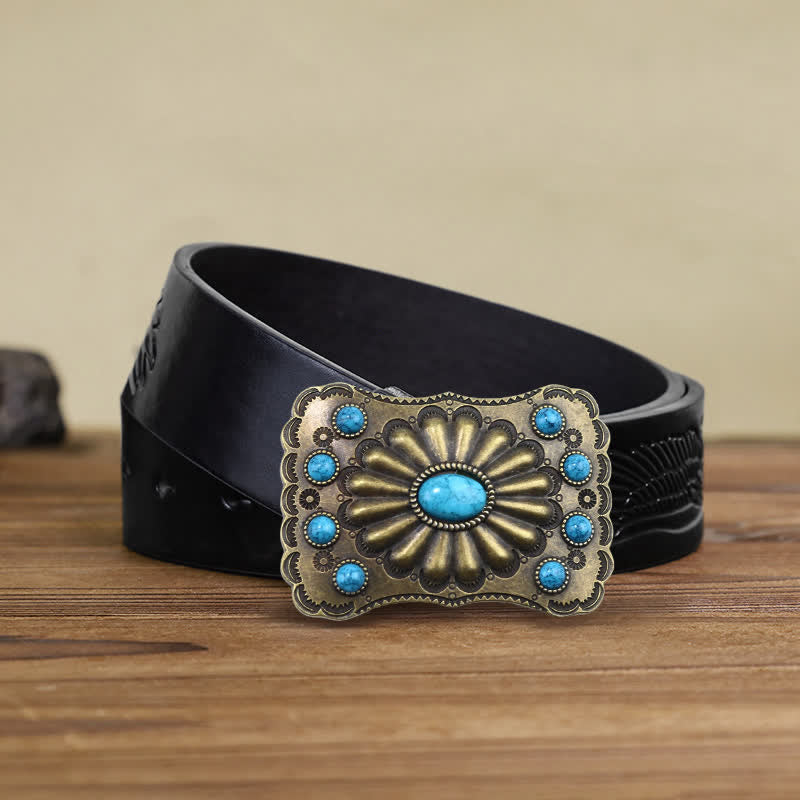 Cinturón de cuero con hebilla rectangular con piedra turquesa estilo occidental para hombre