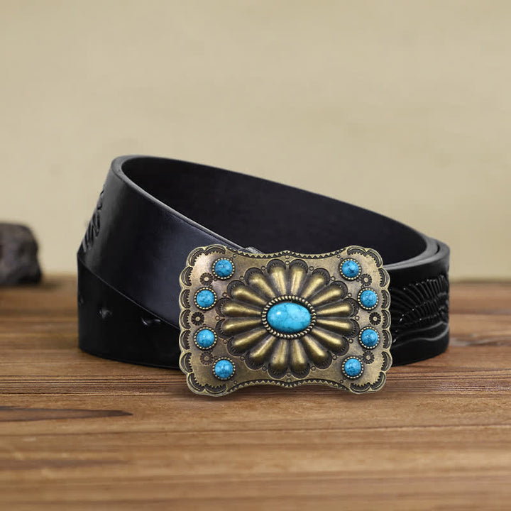 Cinturón de cuero con hebilla rectangular con piedra turquesa estilo occidental para hombre