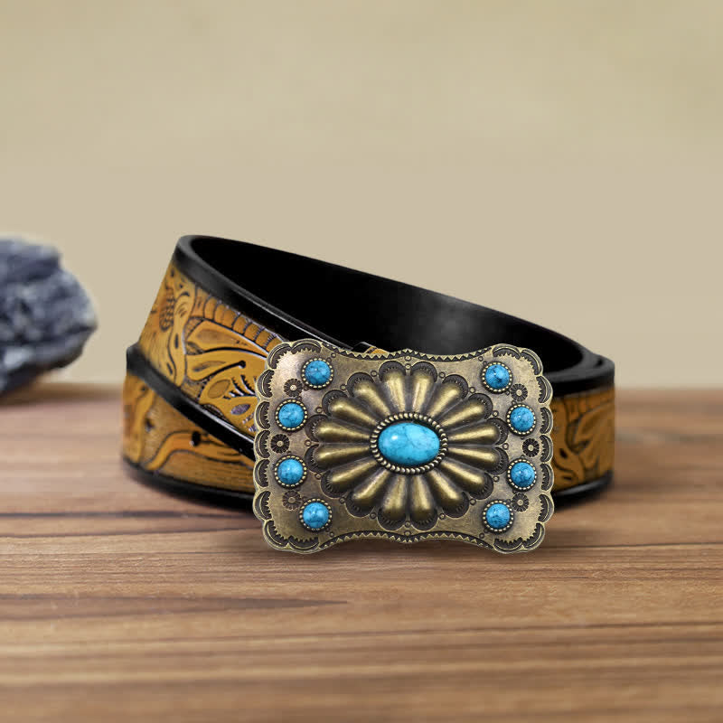 Cinturón de cuero con hebilla rectangular con piedra turquesa estilo occidental para hombre