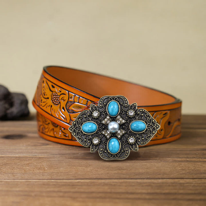 Cinturón de cuero con hebilla turquesa decorativo para hombre, hecho a mano