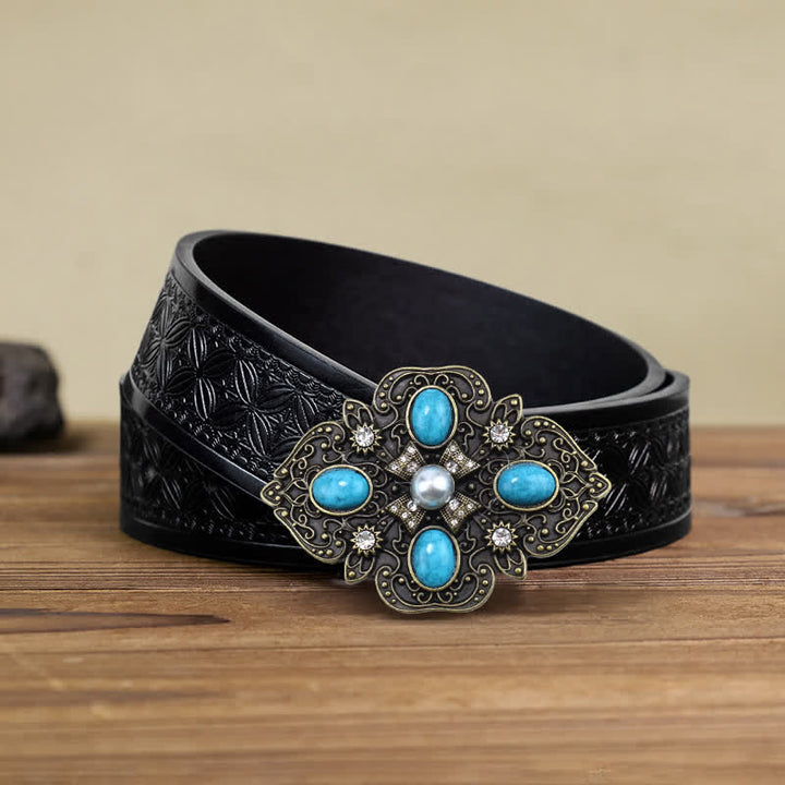 Cinturón de cuero con hebilla turquesa decorativo para hombre, hecho a mano
