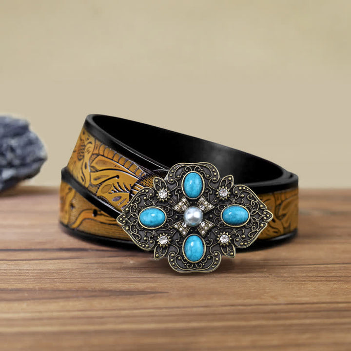 Cinturón de cuero con hebilla turquesa decorativo para hombre, hecho a mano