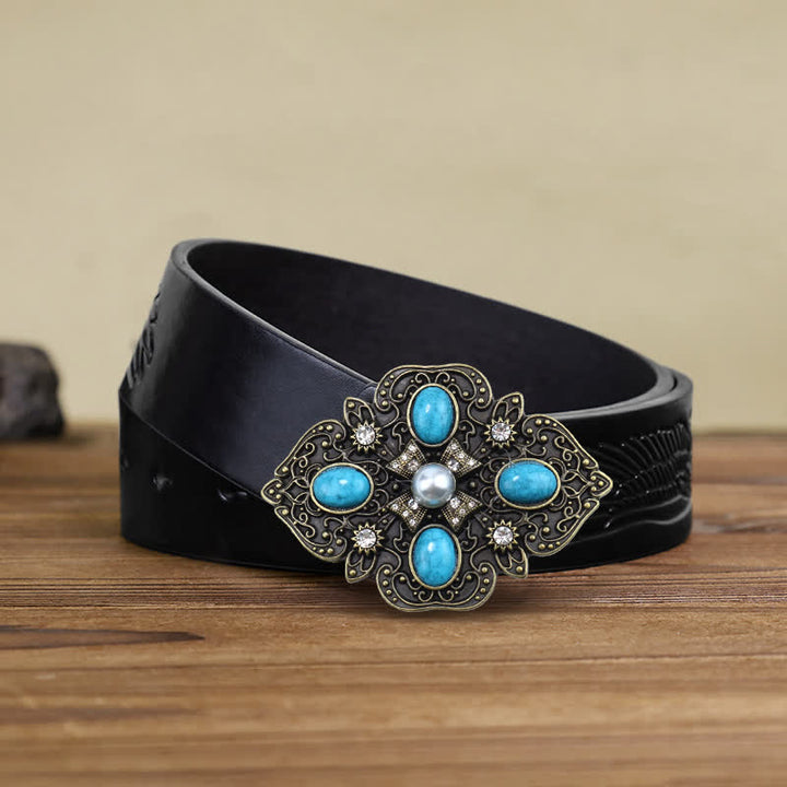 Cinturón de cuero con hebilla turquesa decorativo para hombre, hecho a mano