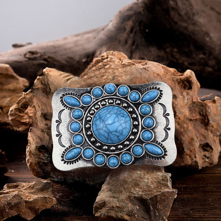 Cinturón de cuero con hebilla de piedra turquesa rectangular para hombre hecho a mano